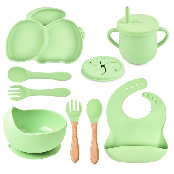 

8-piece set of children's tableware silicone rabbit plate set cartoon silicone plate bib bowl water cup spoon fork set