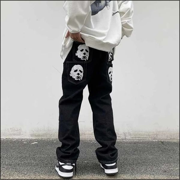 

men's jeans solid color head print american y2k retro straight loose large size men and women trend ins denim pants 230310, Blue