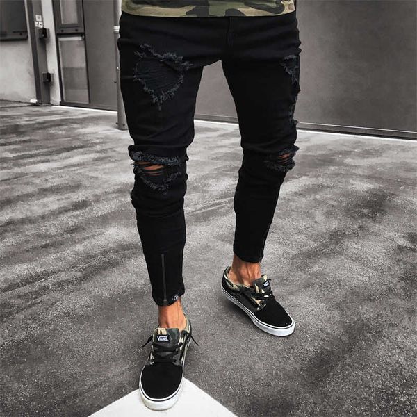 

men's jeans fashion mens cool designer black ripped skinny destroyed frayed slim fit denim pant zipper hop pants holes for men y2303, Blue