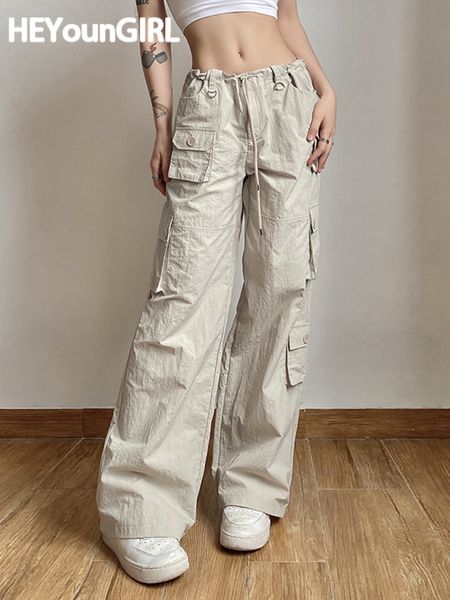 

women's pants capris heyoungirl casual y2k baggy wide leg sweatpants drawstring low waist straight pants solid korean fashion cargo tro, Black;white