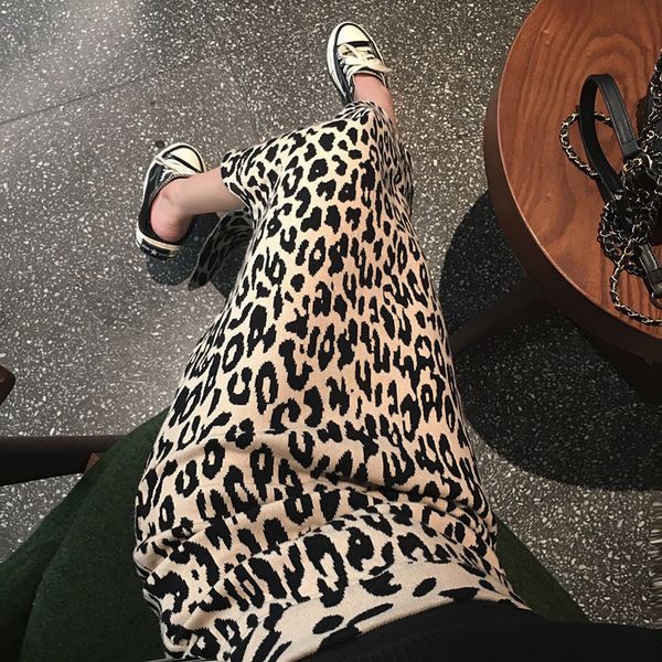 

skirts early spring long slit knitted leopard skirt women high waist 230310, Black