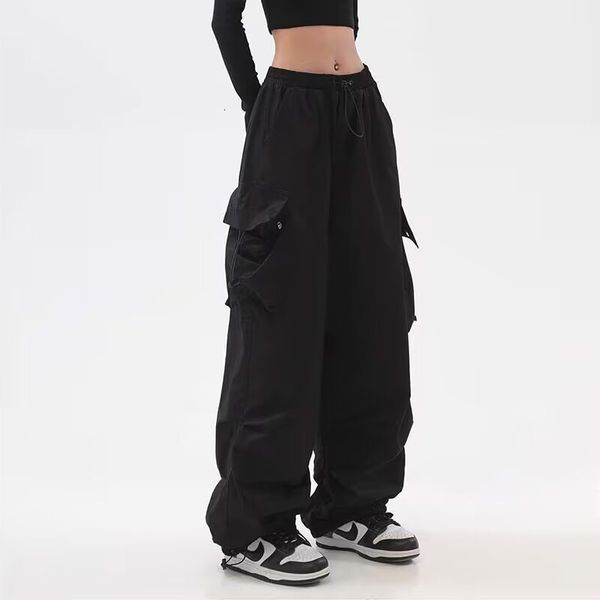 

women's pants capris streetwear spring cargo women's pants oversize pockets elastic waist trousers harajuku wide leg baggy pants f, Black;white