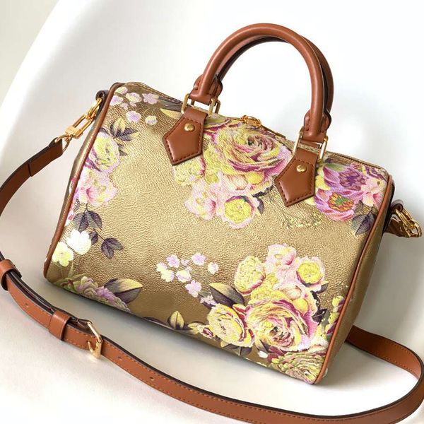 

7a quality pillow bag women crossbody shoulder bags handbags purse cowhide leather floral print removable long strap zipper closure 25cm