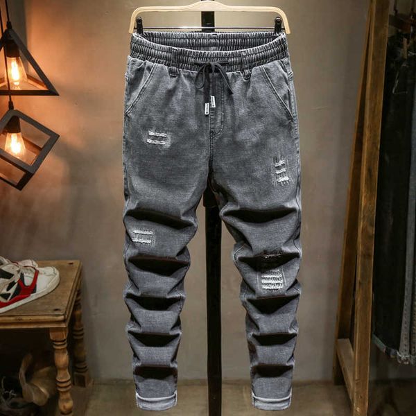 

men's jeans 2023 spring new large size ripped gray drawstring design stretch denim pants male brand 5xl 6xl 7xl 8xl 9xl 10xl y2303, Blue
