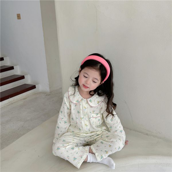 

pajamas girls pajamas kids spring long sleeve sleepwear cotton linen floral toddler kids clothing sets pyjamas 230310, Blue;red