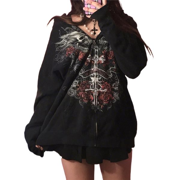 

womens hoodies sweatshirts gothic sweatshirt women 2000s fairy grunge skull print long sleeve hooded y2k aesthetic hoodie oversize clothes, Black