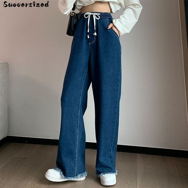 

women's jeans tassel lace up baggy wide leg jeans women straight long pants denim trousers oversize 5xl pantalones elastic high waist v, Blue