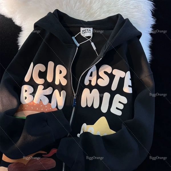 

womens hoodies sweatshirts american vintage burger star print zip hoodie in sweatshirt harajuku couple jackets streetwear y2k hoodies women, Black