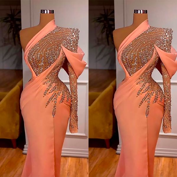 

glamorous meimaid prom dresses one shoulder one sleeve shining beading sequins backless zipper floor length plus size custom made party dres, Black