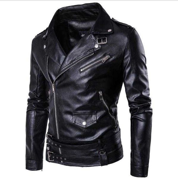 

size m5xl fashion punk men slim lapel slanting zipper leather jacket man coat overcoat quality d101qkvi, Black