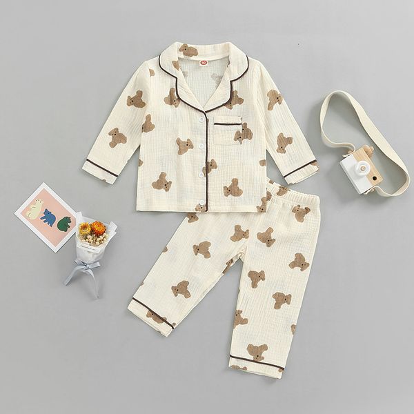 

pajamas 1-6 years toddler baby kids casual pajama suit cartoon bear print long sleeve front pocket lapel long pants 230310, Blue;red