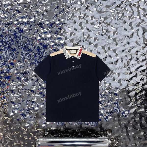 

xinxinbuy men designer tee t shirt 23ss panelled letter collar jacquard short sleeve cotton women black white blue green s-2xl, Black;brown