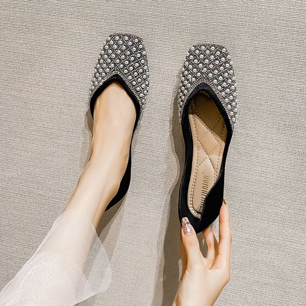 

new square toe soft leather women's shoes autumn new flat rhinestone slip-on peas shoes, Black