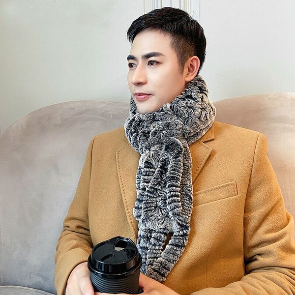

men's real rex rabbit fur scarf winter warm neckerchief hollow out weave grey, Blue;gray
