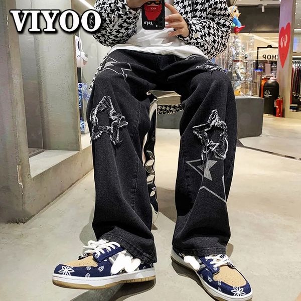 

men's jeans vintage women's korean denim pants y2k cltohes streetwear printed patchwork male baggy straight trousers for men 23031, Blue