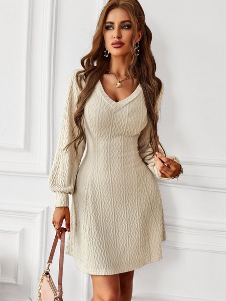 

casual dresses msfilia fashionabe v neck high waist dres autumn winter long sleeve solid color warm elegant dress 230310, Black;gray