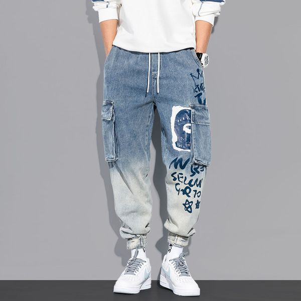 

men's jeans streetwear hip hop cargo pants casual elastic harun joggers in autumn and spring men clothing 230309, Blue
