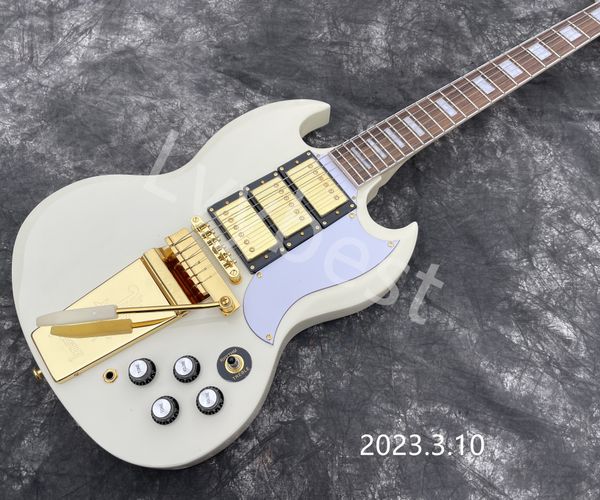 

electric guitar solid white finished gold hhh pickups with long tail rosewood fingerboard ing