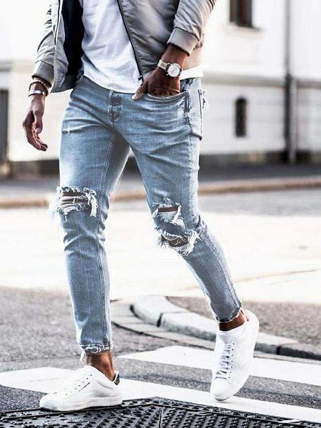 

men's jeans men streetwear knee ripped skinny hip hop fashion estroyed hole pants solid color male stretch casual denim big trousers y2, Blue
