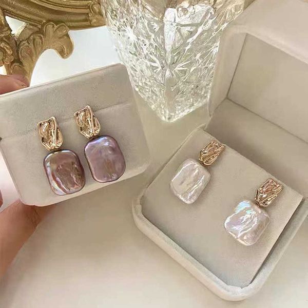 

earings natural freshwater pearl square earrings french fashion simple baroque irregular women's, Golden