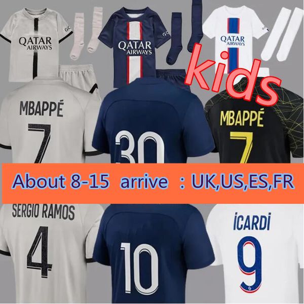

22 23 kids paris soccer jerseys player 30 10 mbappe 7 hakimi sergio ramos wijnaldum maillots psgs kit uniform enfants maillot de foot, Black