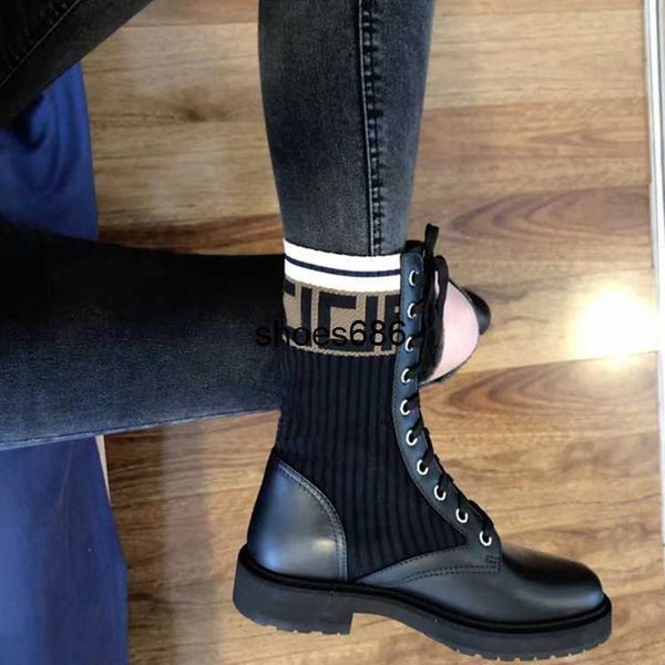 

presbyopic letter thick elastic fly knit sock boots with double f elastic lace up martin boots women's shoes, Black