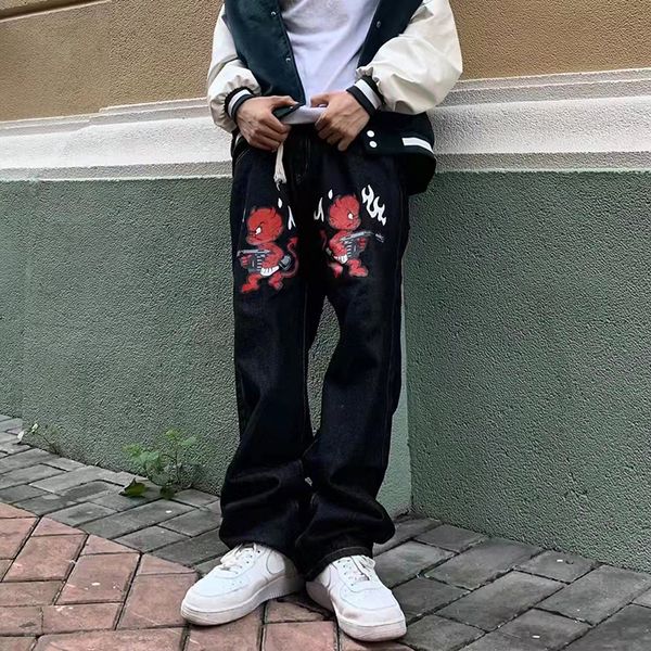 

mens jeans harajuku cartoon letter print straight casual denim pants washed vibe style ripped baggy streetwear jean trousers 230310, Blue