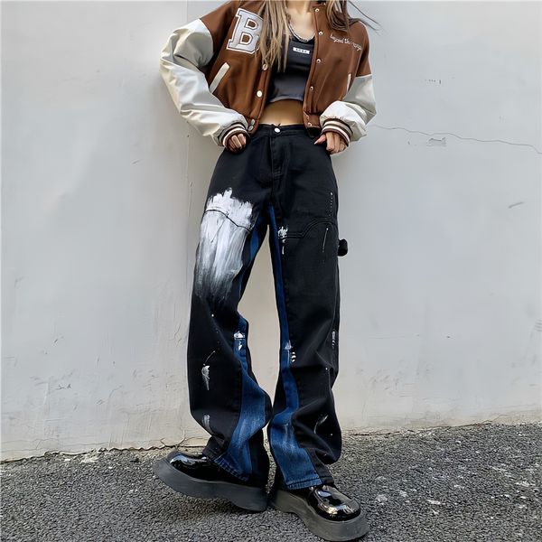 

women s jeans gothic style black baggy woman graffiti painting vintage pants streetwear y2k oversize high waist wide leg denim trousers 2303, Blue