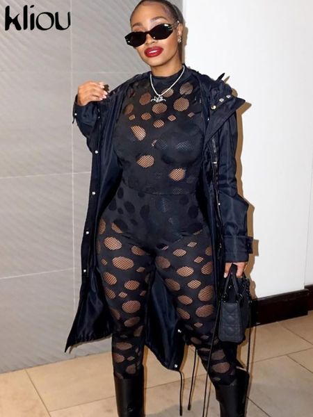 

women's two piece pants kliou mesh patchwork see through set women oneck long sleeve skinny solid sheath lady midnight suit 230310, White