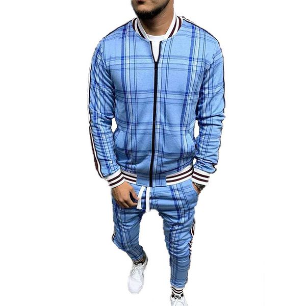 

new colorful plaid tracksuit men casual zipper set autumn and winter european and american cardigan plaid jacket sports fashion men's c, Gray