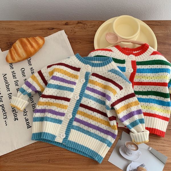 

cardigan boys spring striped children loose single breasted sweater girls knitwear coat hollow out cotton boutique s 230310, Blue