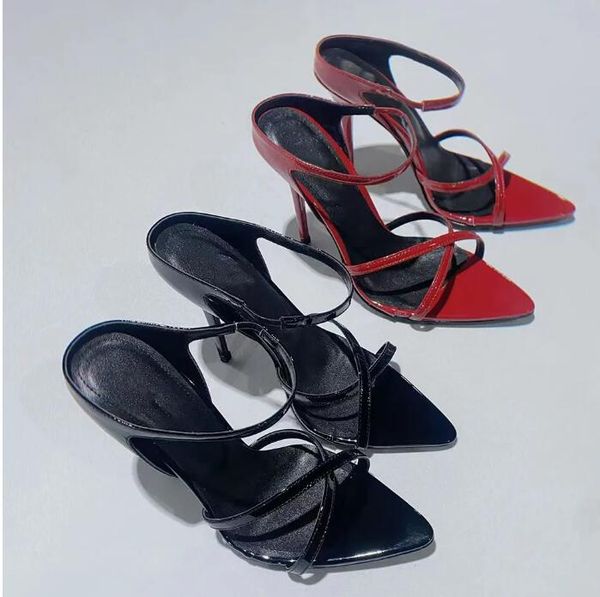 

2023 metal chain dress shoes sandals women's genuine leather 2023 high heel shoes pointed open toe rhinestone high grade thin, Black