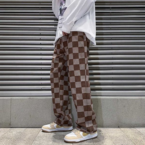 

men's jeans 2022 spring new brown check print baggy korean fashion streetwear denim straight pants male brand trousers y2303, Blue