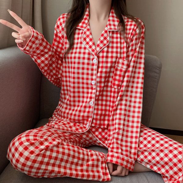 

women's sleepwear pajamas women spring and autumn cotton long sleeve cardigan senior feeling can be worn outside the residential suit s, Black;red