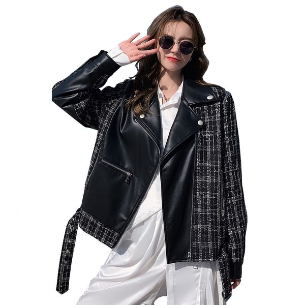 

women's jackets fashion splice leather jacket women adjustable waistband light lapel pu coat lady cool zip streetwear female luxury out, Black;brown
