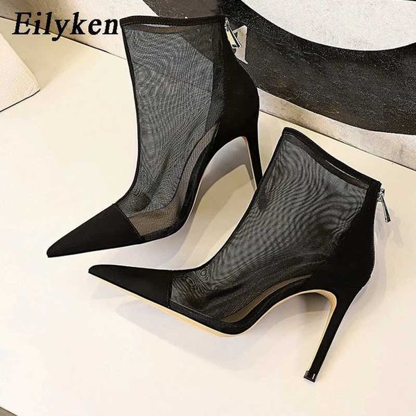 

sandal new spring autumn mesh women ankle boots pointed toe fashion zip ladies party stiletto high heels shoes size 34 40 230302, Black