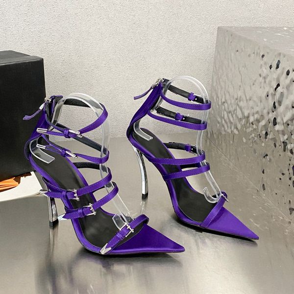 

multi-strap satin leather sandals ankle strappy stiletto pinpoint heels evening pointed open toes shoes women's heeled luxury designers, Black
