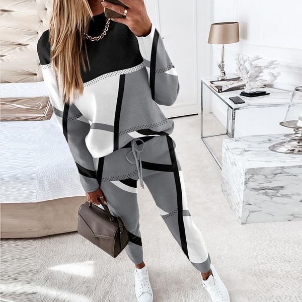 

women's two piece pants casual oneck long sleeve pullover tieup pant outfit fashion colour blocking 2pc suit loose tracksuits set 23031, White