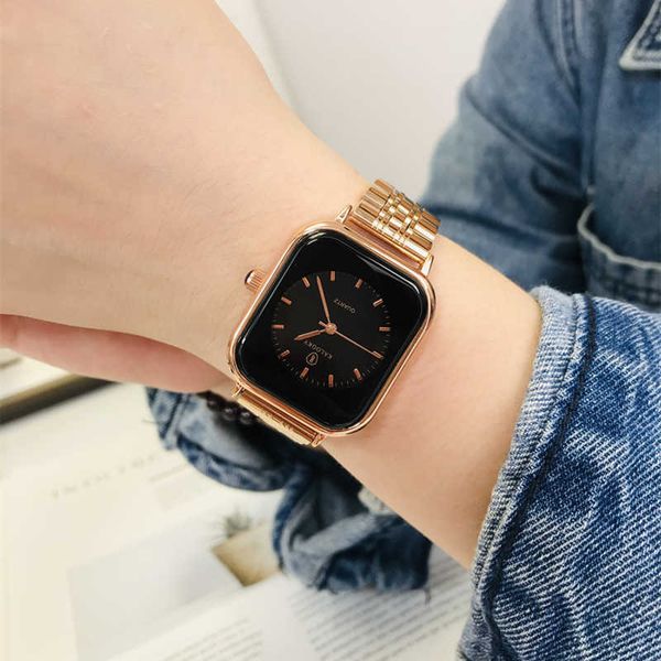 

women's rectangular women's watch high-grade solid steel band sports korean version simple student live waterproof, Slivery;golden