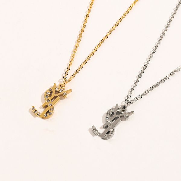 

luxury design necklace 18k gold plated stainless steel necklaces choker chain letter rhinestone inlay pendant fashion womens wedding jewelry, Silver