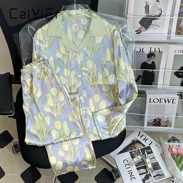 

women's sleepwear caiyier winter tulips flower women luxury female nightwear suit thin casual pyjamas mujer long sleeve sleepwear home, Black;red