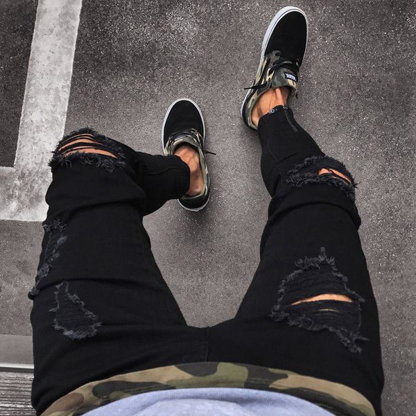 

mens jeans fashion cool designer black ripped skinny destroyed frayed slim fit denim pant zipper hop pants holes for men 230310, Blue