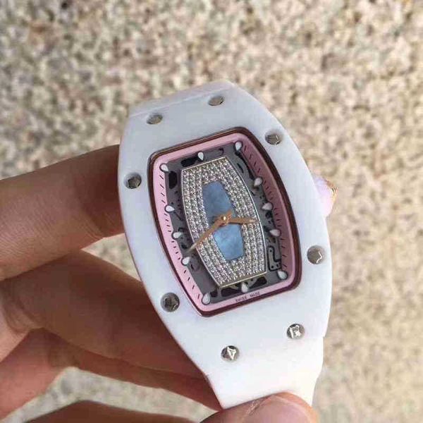 

07-01 wine watch mechanical richa wristwatches automatic millers barrel ceramic gmt clock reloj inlaid zircon fashion women luxury watches h, Slivery;black