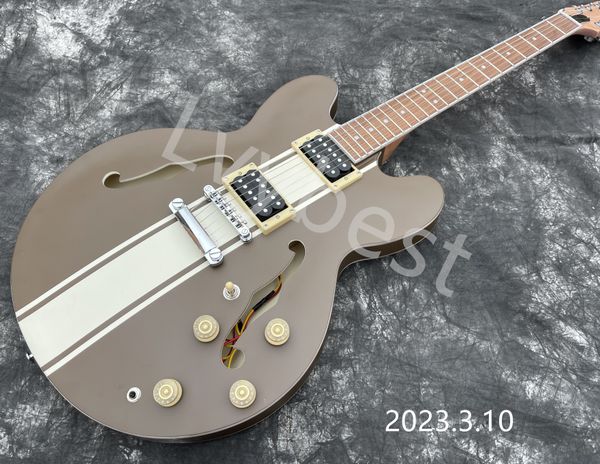 

electric guitar hollow body jazz with 3 stripe white lines green metalic body color natural wood back hh pickups ing