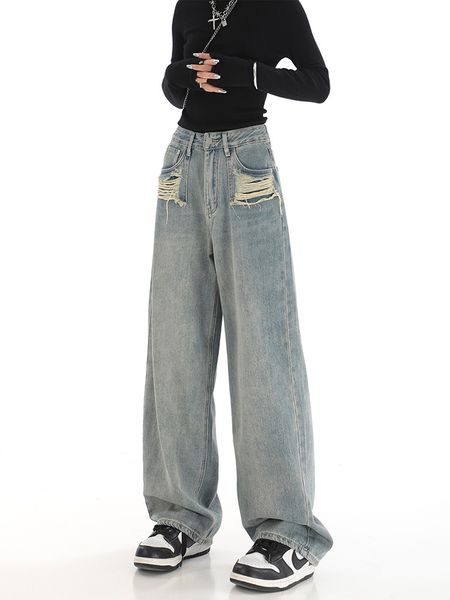 

women's jeans boyfriend style streetwear baggy jeans women denim trousers high waist y2k vintage washed wide leg mopping pants 230310, Blue