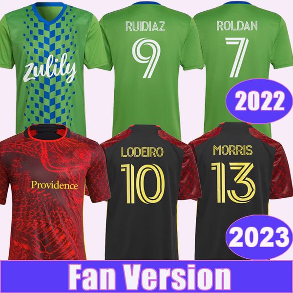 

2023 seattle sounders roldan men soccer jerseys 2022 ruidiaz lodeiro montero morris home green away red shirt short sleeves uniforms, Black;yellow