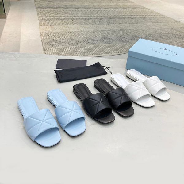 

triangle quilted leather sole slippers slide summer sandals slip-on shoes flats sandal for women luxury designer slides slipper factory foot, Black