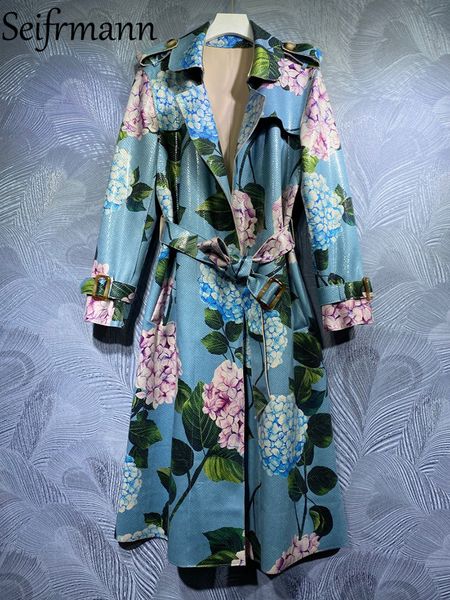 

women's jackets seifrmann winter women fashion runway leather trench coats long sleeve sashes small floral print ladyloose overcoat 230, Black;brown