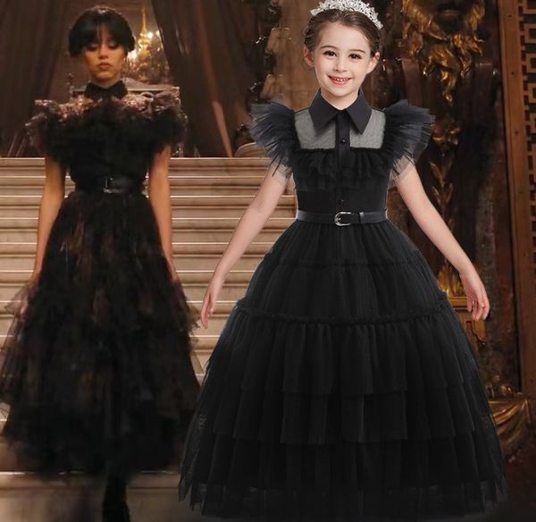 

girls hollow lace tulle cake dresses kids lapel falbala fly sleeve gauze princess dress pu leather belt 2pcs sets children cosplay party clo, Red;yellow