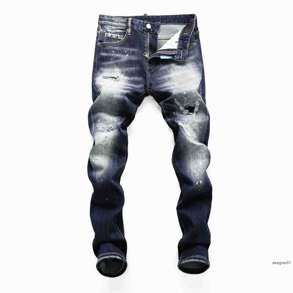 

new men's jeans 2023 spring and autumn broken hole elastic water wash college students' feet tight nightclub fashion print d2 pant, Blue